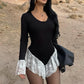 Hottie Lace Patchwork Bodysuit Women U-Neck Jacquard Ruffle Elegant Sexy Simple Fashion Stretch Slim Street Clubwear