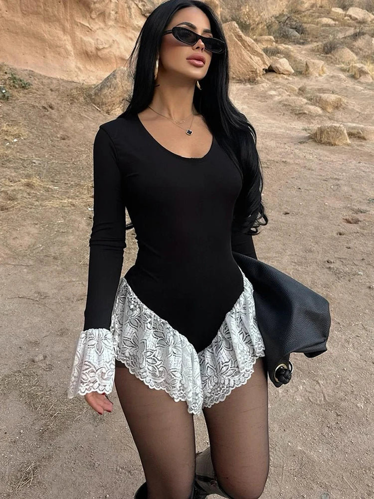 Hottie Lace Patchwork Bodysuit Women U-Neck Jacquard Ruffle Elegant Sexy Simple Fashion Stretch Slim Street Clubwear