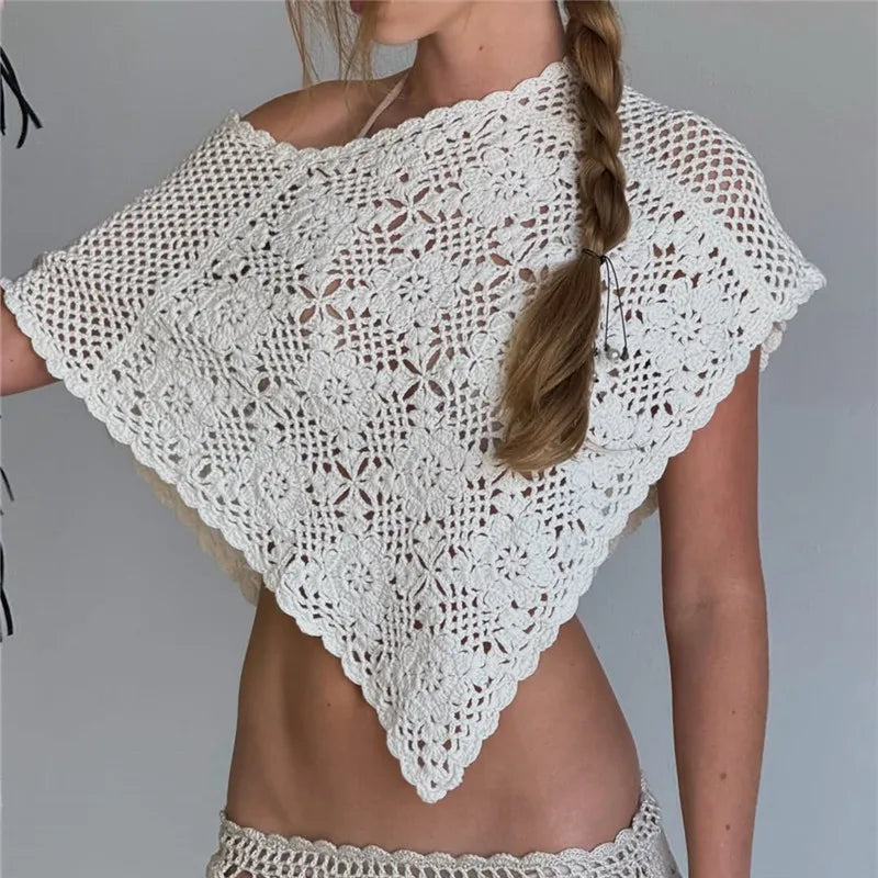 Floral Crochet Knit Triangle Poncho Top Women Hollow Out Off Shoulder Wrap Cover Up Casual Summer Bikini Beach Top