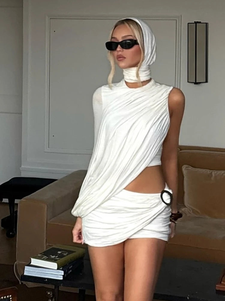 Fashion 3Piece Set Woman Solid Hooded Scarf+One Shoulder Irregular Top+Metal Ring Wrap Hip Mini Skirt High Street Outfits