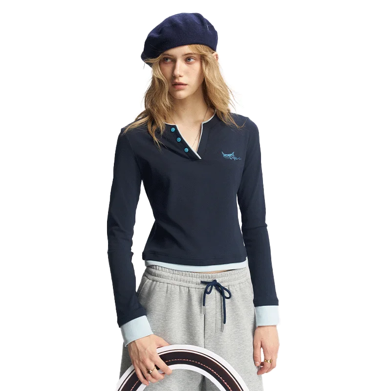 Women's Henley Ringer T-Shirt with Contrast Trim, Long Sleeve Casual Slim Top for Everyday Wear