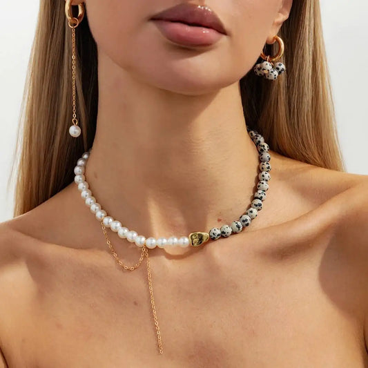 Retro Adjustable Metal Chain Choker Necklace with Imitation Pearls CCB Beads Women's Jewelry Set with Stud Earrings