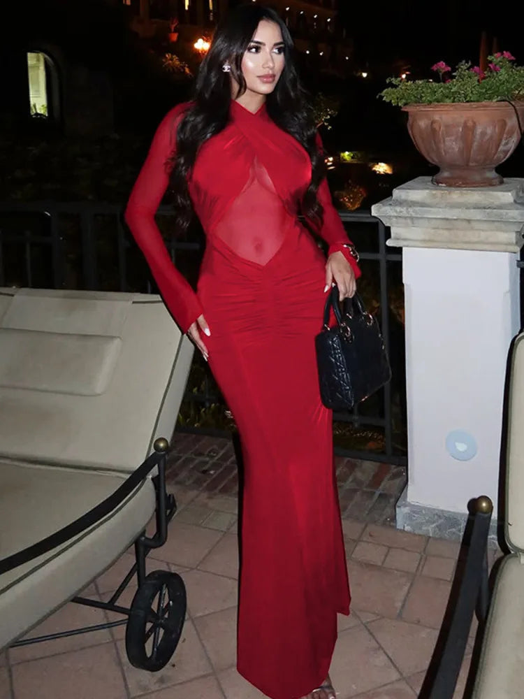 Mesh Hollow Out Long Sleeve Sexy Maxi Dress Women Gown Elegant O Neck Ruched Bodycon Club Party Long Dresses Female