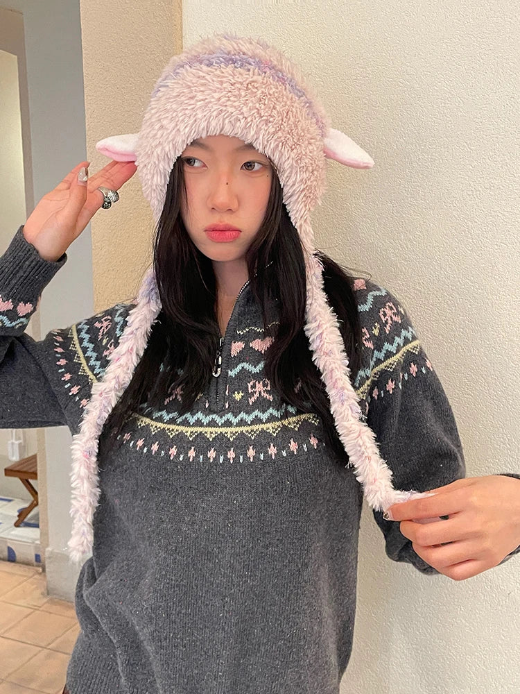Y2K Sweet Macaron Goat Ear Pom Pom Beanie For Women
