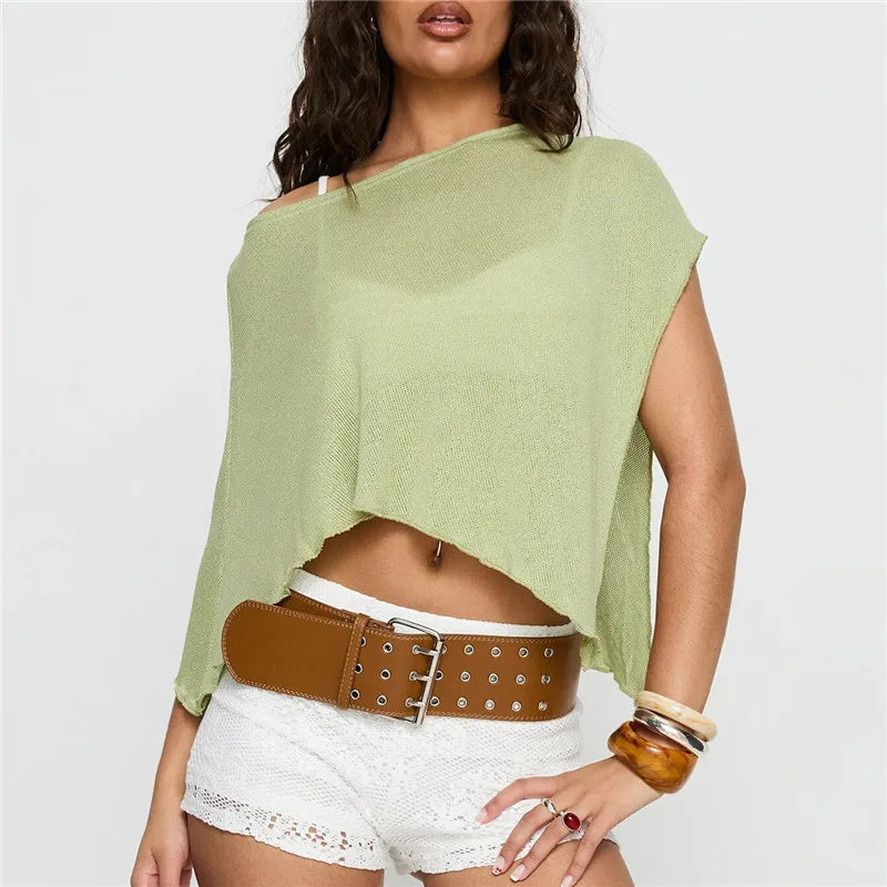 Women Knit Poncho Tops Summer Fashion Solid Color Off One Shoulder Loose Fit Asymmetric Cover Up Shawl Blouse