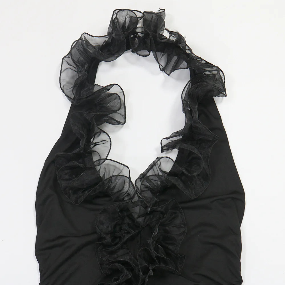 Sexy Deep V-Neck Dress Women Halter Backless Irregular Mesh Ruffles Tassel Patchwork Hem Birthday Party Solid Bodycon