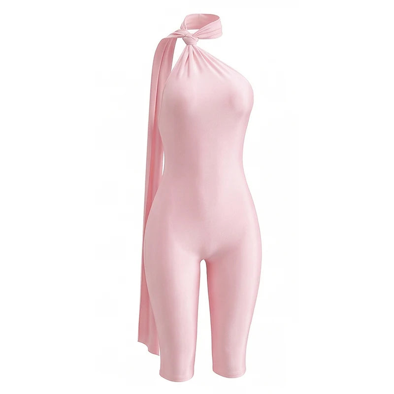 Backless Halter Satin Romper Women Fashion Trend Metal Ring Patchwork Ribbon Knot Sleeveless Sexy Street Clubwear