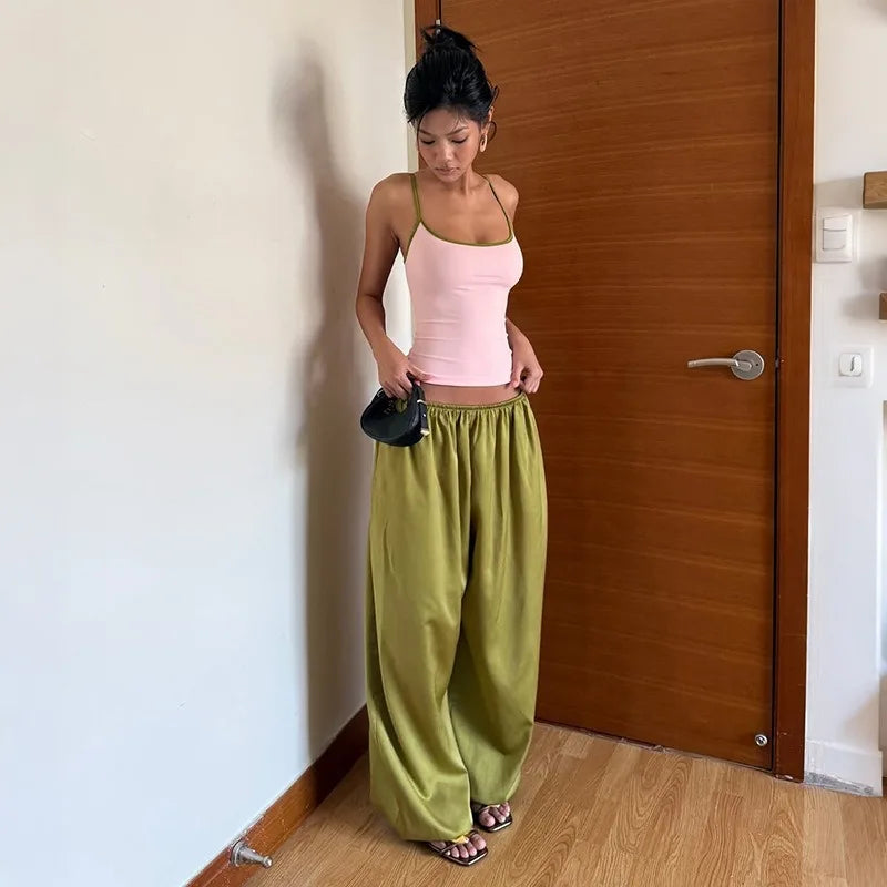 Cute Coords Set for Woman 2 Piece Set Outfit Pink Camisole and Green Wide Leg Pants Y2k Clothes