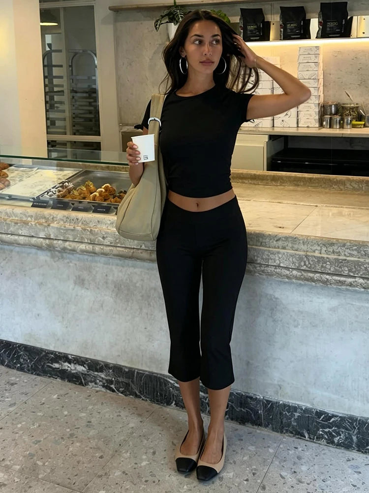Comfortable 2Piece Set Women O-Neck Short Sleeve Crop T-Shirt+Capri Pants Chic Sporty Fashion Classic Simple Street Suits