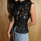 Women Chic Hollow Lace Waist Cinched Tank Shirt Elegant Slim See Through Single Breasted Frogs Top Summer Streetwear