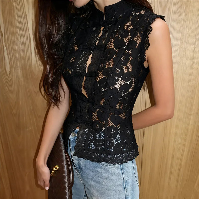 Women Chic Hollow Lace Waist Cinched Tank Shirt Elegant Slim See Through Single Breasted Frogs Top Summer Streetwear