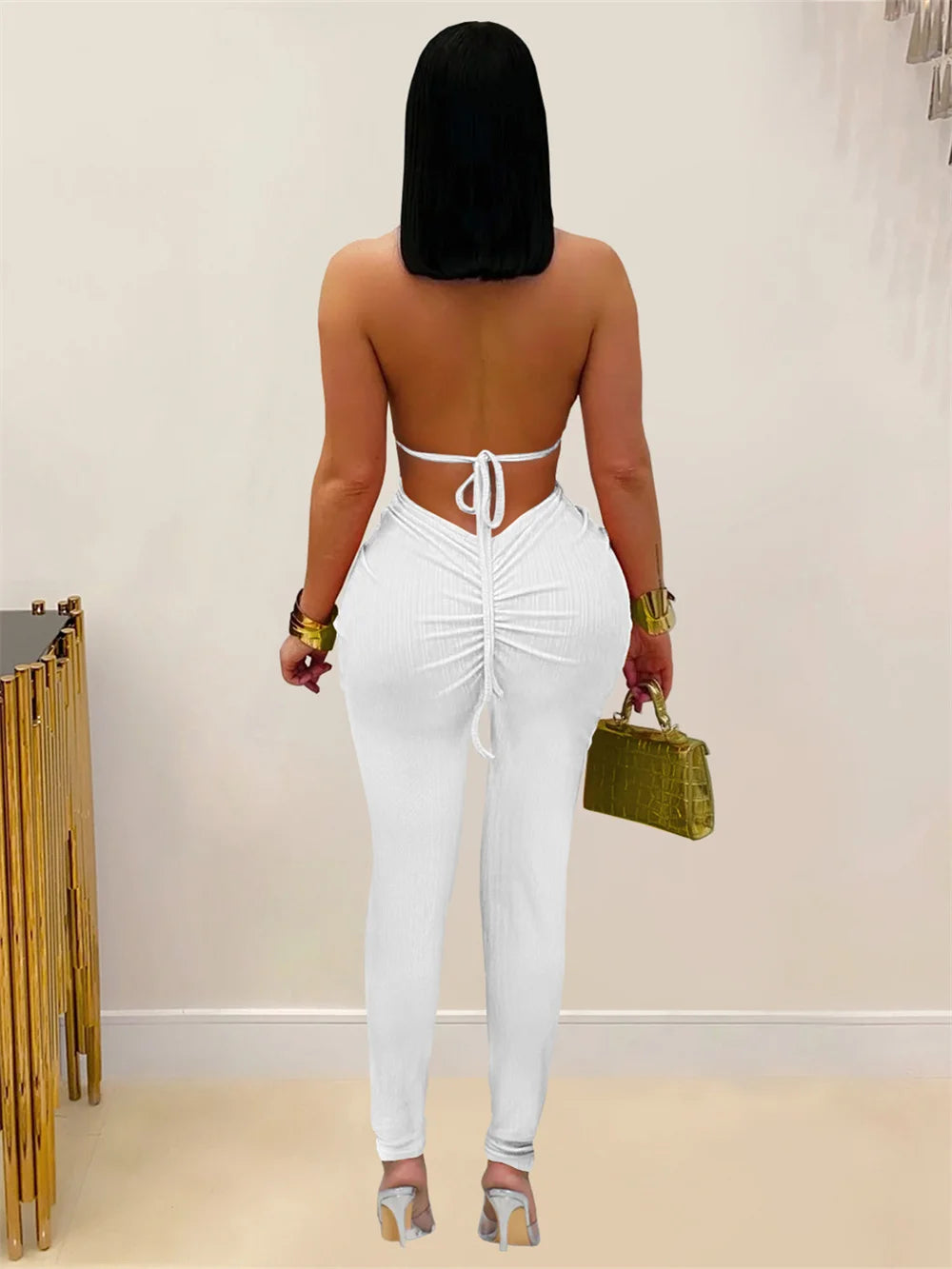 Peach Buttocks Backless Jumpsuit Women Plait Sexy Hollow Halter Bandage Ruched Y2K Party Club Street Workout Overalls