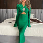 Elegant Hollow Out Sexy Maxi Dress For Women Spring New V Neck Long Flare Sleeve Bodycon Club Party Evening Dress