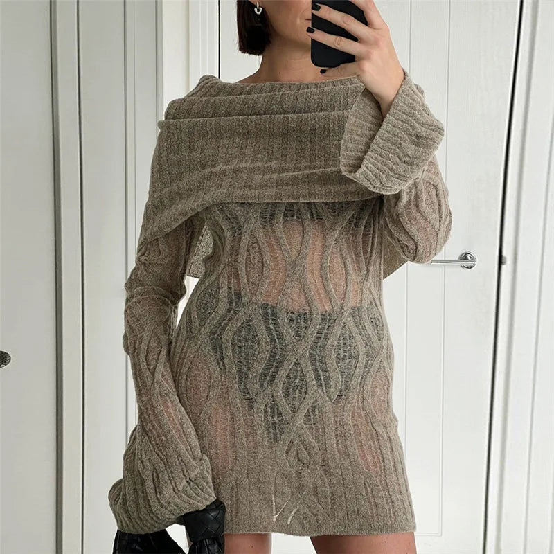 Sheer Knitted Sweater Dress Woman Sexy Off Shoulder Flared Long Sleeve Short Dresses Fall Winter Clothing
