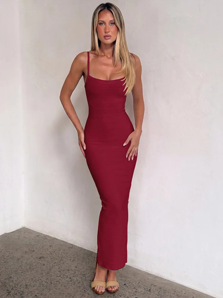 Women Spaghetti Strap Square Neck Sexy Maxi Dress Bodycon Backless Long Dress Elegant Club Night Out Party Dress