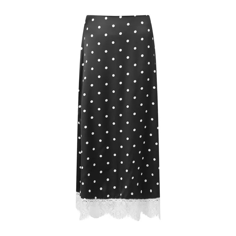 Women Elegant Lace Satin Spliced Midi Skirts Sexy Dots Print High Waist Retro Casual Straight Midi Skirts Y2K Streetwear