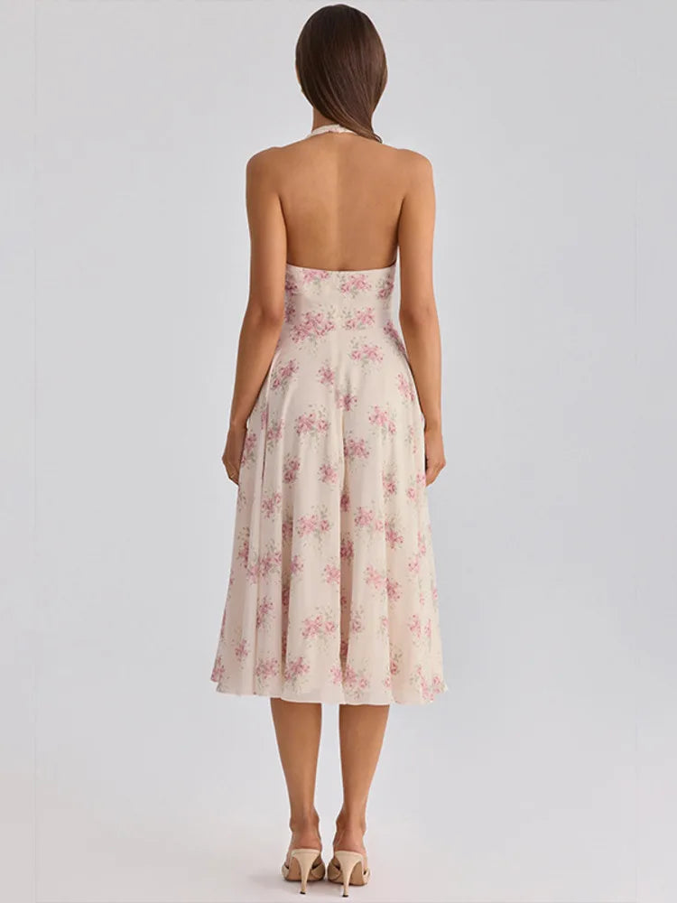Halter Floral Print Sexy Midi Dress Women Elegant Deep V Neck Off-shoulder Sleeveless Backless Pleated Club Party Dress