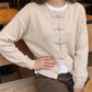 Women Oatmeal Frog Button Knit Cardigan Crew Neck Long Sleeve Sweater Solid Knot Closure Knitwear Fall Winter Streetwear