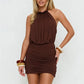 Women Brown Halter Mini Dress Beaded Neckline Open Back Ruched Bodycon Dress Sleeveless Tie Back Party Club Outfit