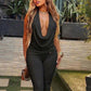 Metal Decoration Playsuits Women Halter Backless Swing Collar Sleeveless Folds Skinny Sexy Hottie Midnight Outfits