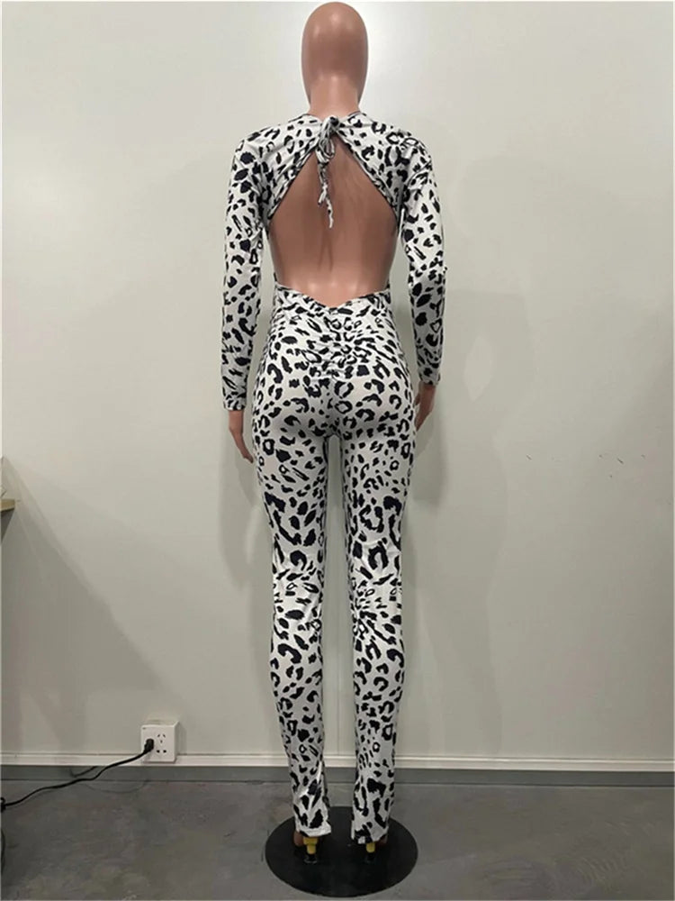 Leopard Print Jumpsuit Women Low-Neck Bandage Backless Skinny Peach Hip Hot Girl Midnight Fashion Club Party Overalls