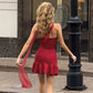 Mesh Scarf Strapless Mini Dresses for Summer Red Sexy Party Outfits Woman Ruffled Dresses