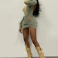 Hooded Tie Dye 2 Piece Set Women Sexy Backless Full Sleeve Bandage Bodysuit+Shirring Skirts Matching Street Clubwear
