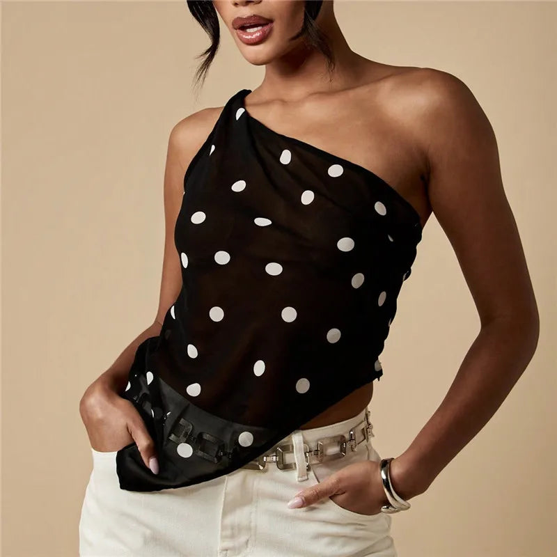 Women Y2K Polka Dot Mesh Top One Shoulder Asymmetric Hem Sheer See-Through Chiffon Halter Top Going Out Streetwear
