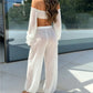 Women Sheer Mesh Beach Two Piece Outfit Off Shoulder Ruffle Flare Sleeve Crop Top Side Tie Wide Leg Pants Summer Coverup