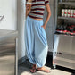 Women Waffle Knit Harem Pants Elastic High Waist Loose Baggy Tapered Joggers Solid Casual Loungewear Streetwear Trousers