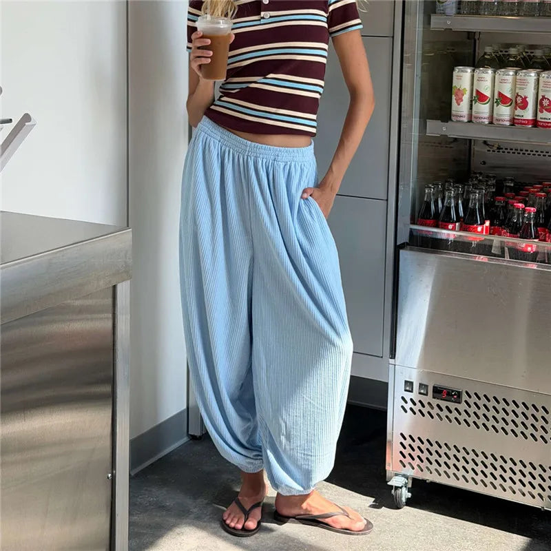 Women Waffle Knit Harem Pants Elastic High Waist Loose Baggy Tapered Joggers Solid Casual Loungewear Streetwear Trousers
