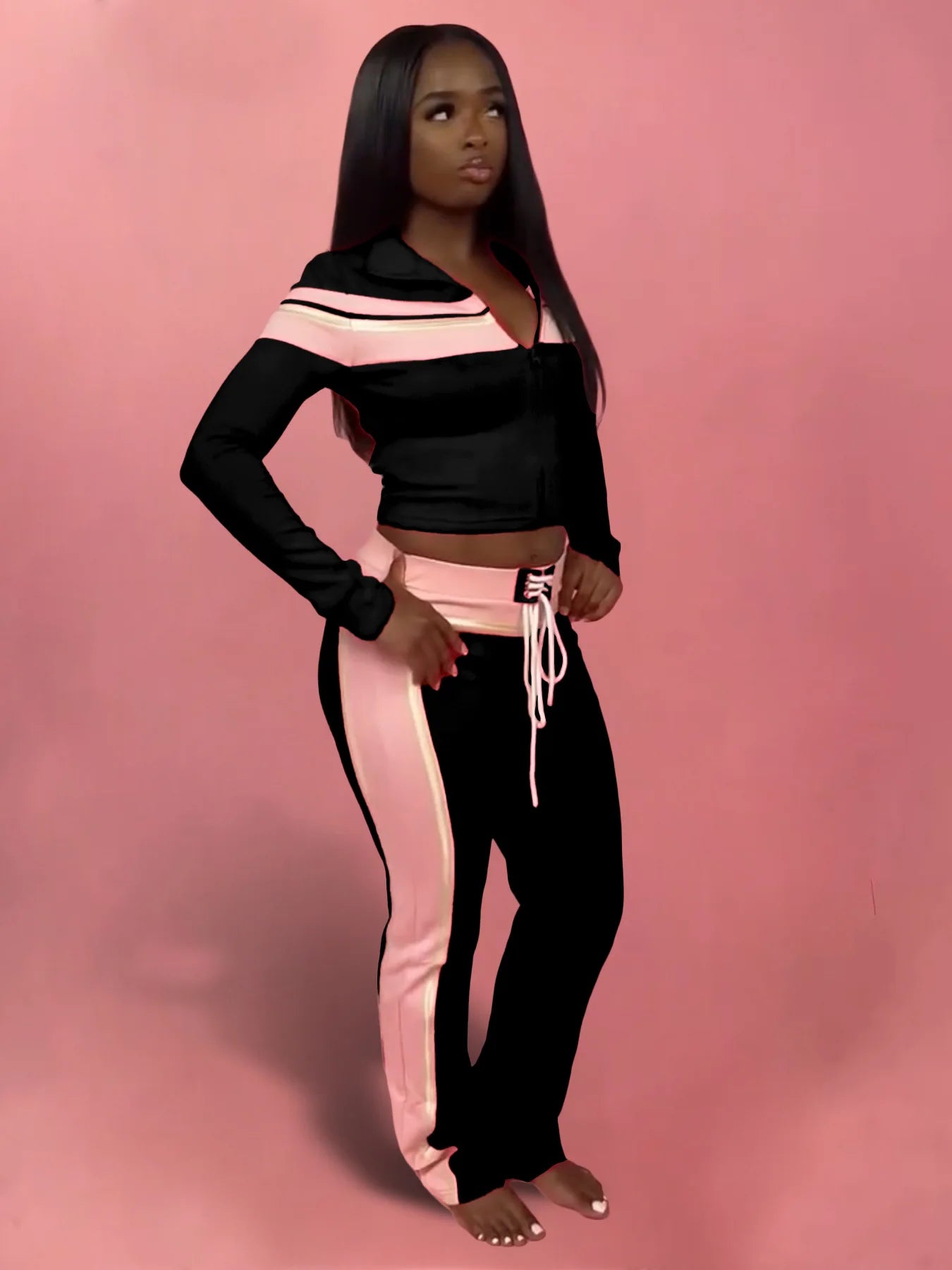 Casual 3 Piece Set Women Patchwork Print Zip Long Sleeve Crop Tops+Bra+Shirring Pants Matching Street Stretch Outfits