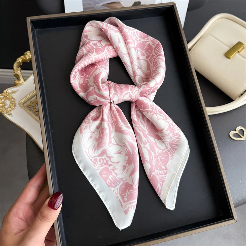 Luxury Floral Print 70cm Square Silk Scarf Women Designer Scarves Bandana Foulard Shawl Hijab Echarpe Hairband Tie Ribbon