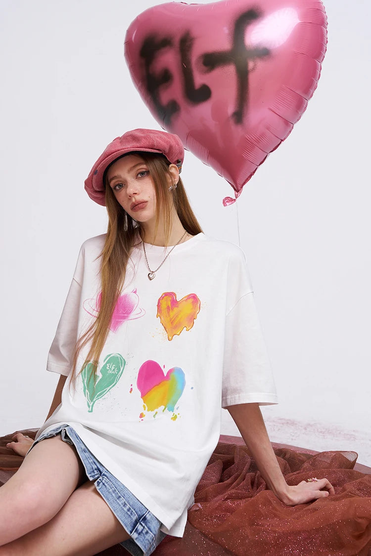 Women's Oversized T-Shirt with Colorful Heart Graffiti, Artistic Liquid Heart Print Tee for Summer, Chic Casual Cotton T