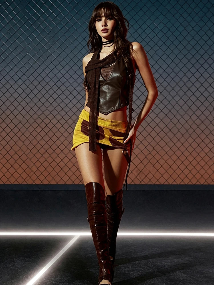 Party Sexy 2Piece Set Women Zip Halter Patchwork Mesh Hollow Vest+Print Metal Ring Tassel Cross Bandage Skirt Summer Suit