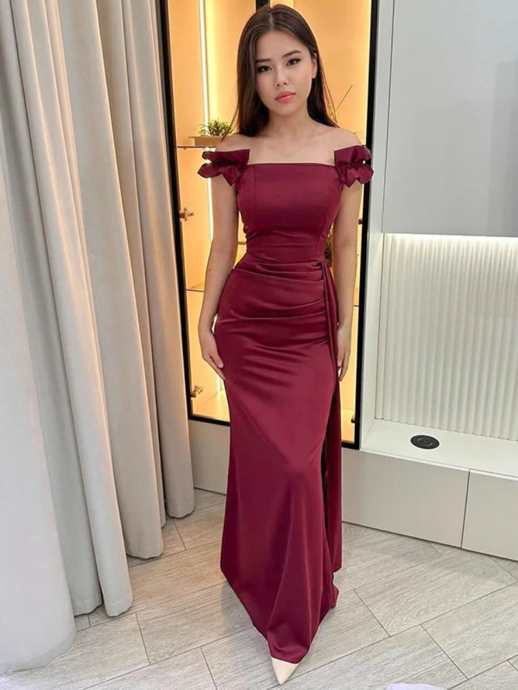 Elegant Satin Off Shoulder Long Maxi Dresses 2025 Woman Graduation Dresses Evening Party Gown Red Black
