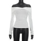 French Coquette Off Shoulder Twist Top For Women Long Sleeve Slim Ruched Basic Tee Casual Daily Going Out Blouse Top