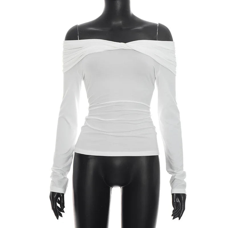 French Coquette Off Shoulder Twist Top For Women Long Sleeve Slim Ruched Basic Tee Casual Daily Going Out Blouse Top
