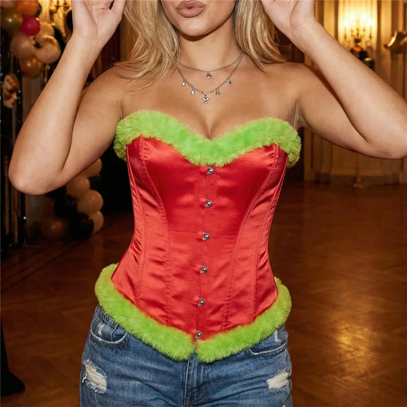 Christmas Corset Bustier Women Plush Fur Trim Strapless Tube Top Front Button Back Lace Tie Waist Cincher Party Outfit