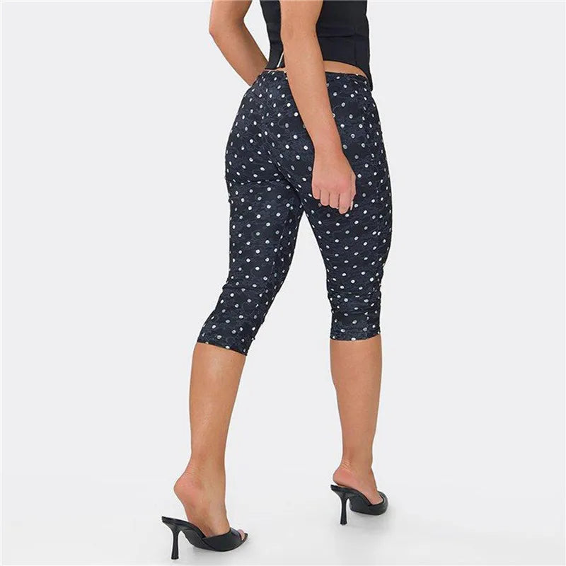 Y2K Retro Polka Dot Lace Capri Leggings Women High Stretch Slim Bodycon Knee Length Cropped Pants Cute Street Bottoms