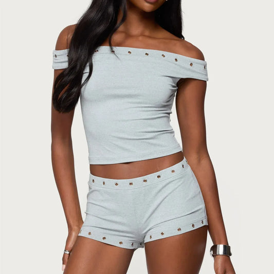 Women Summer Y2K 2 Piece Outfits Stylish Studded Sleeveless Off Shoulder Tops and Elastic Waist Shorts Chic Streetwear