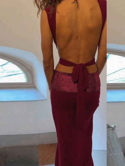 Sexy Y2K Elegant 2 Piece Set Women Summer Backless Cross Bandage Tank Top+Widewaist Sequins Long Skirts Matching Suit