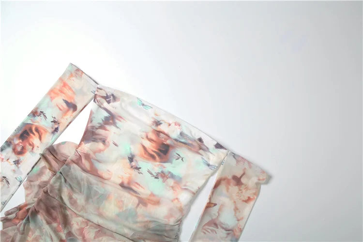 Slash Neck Dress Women See Through Full Sleeve Tie-Dye Print Coquette Autumn Trend Skinny Midnight Club Party Bodycon