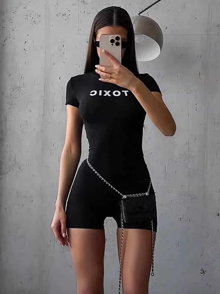 Letter Print Fashion Romper Women Body-Shaping  o-Neck Mini Sleeve Tight Peach Hip Casual Simple Workout Playsuits