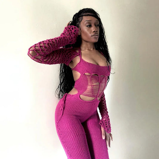Cut Out Knit See Through Jumpsuit for Women Sexy Baddie Outfits New Fashion Women Clothing Trend 2024
