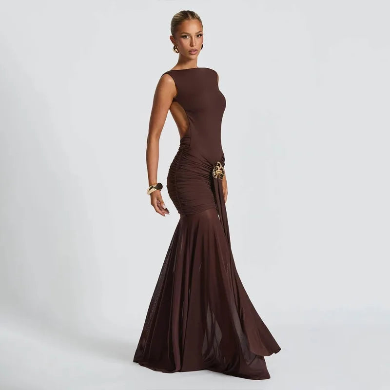 Sleeveless Backless Split Pleated Maxi Dress Elegant Sexy Evening Party Dresses for Wedding Guest