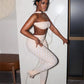 Hottie Polka Dot 2-Piece Set Women Halter Chest Wrapped Backless Top+Ruched Peach Hip Pants Stretch Skinny Clubwear