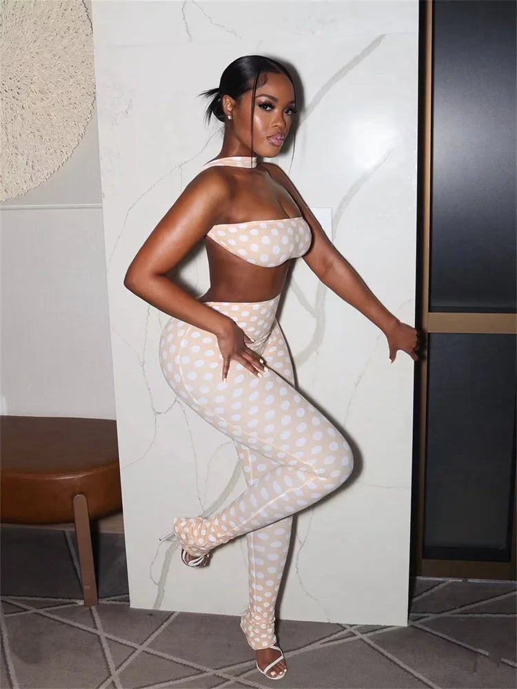 Hottie Polka Dot 2-Piece Set Women Halter Chest Wrapped Backless Top+Ruched Peach Hip Pants Stretch Skinny Clubwear