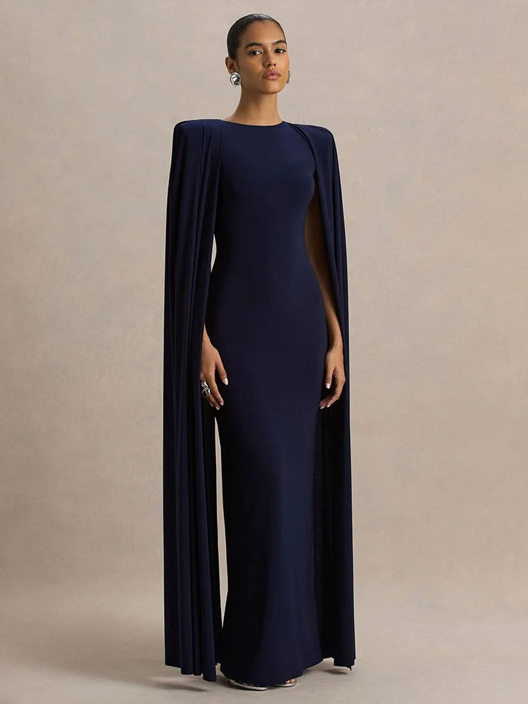 White Slashed-Neck Maxi Dress with Cape Sleeve Women's Winter Elegant Evening Party Dresses
