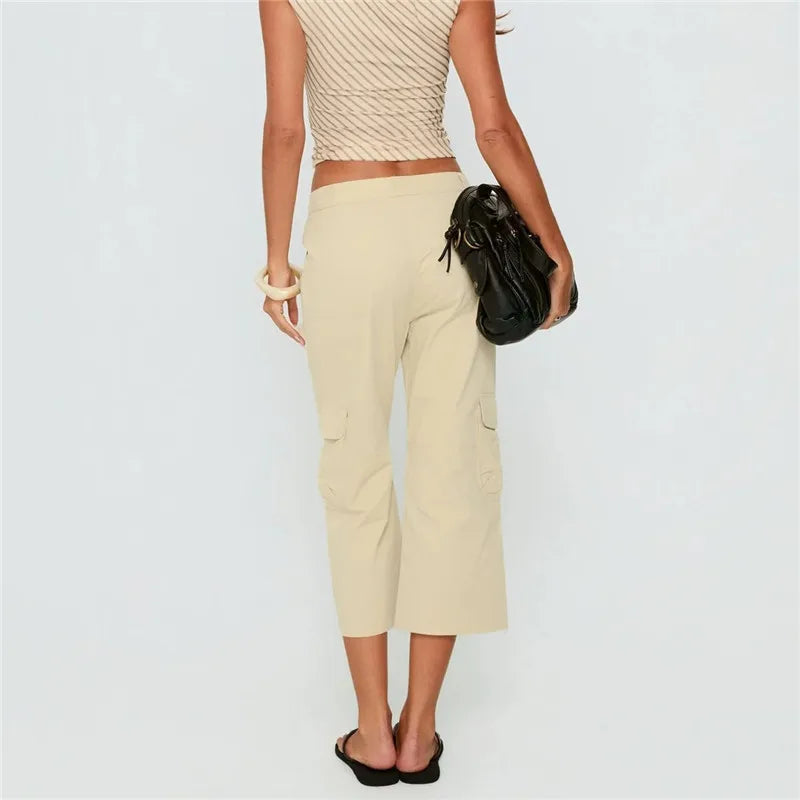 Women Solid Cargo Capri Pants Low Waist Multi Pockets Loose Wide Leg Cropped Trousers Y2K Summer Streetwear Pants